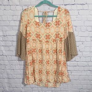 Umgee Womens Baybdoll 3/4 Bell Sleeve Flowy Top Orange Printed Sz S Boho Hippie